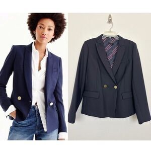 J.Crew Dover Blazer Double Breasted Italian Wool Navy Blue Gold Button Womens 10